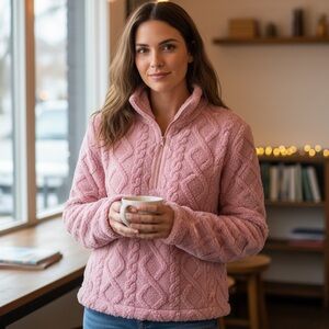 Cozy, Pink Half Zip Pull-over with Corduroy Accents